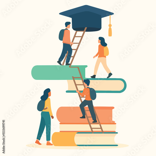 vector illustration of a person trying to achieve graduation. books are the most important source of knowledge