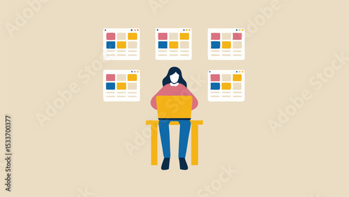 Woman working on laptop with multiple browser windows open on a light beige background design
