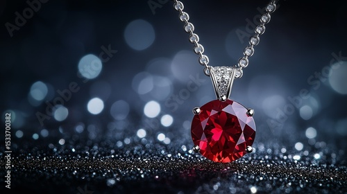 A stunning closeup of a luxury ruby pendant showcased against a sparkling backdrop, perfect for high-end jewellery and fashion themes.








