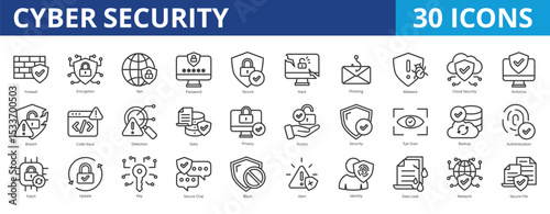 Cyber security icon pack collection set with firewall, encryption, vpn, password, secure, hack, phishing, malware, cloud security, antivirus, breach, code issue, detection, data, privacy, access