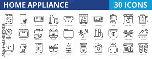 Home appliance icon pack collection set with washing machine, refrigerator, microwave oven, vacuum cleaner, air conditioner, dishwasher, toaster oven, blender, coffee maker, kettle, fan, oven stove