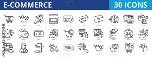 Ecommerce icon pack collection set with cart, checkout, product, store, payment, sale, discount, shipping, order, inventory, account, wallet, coupon, offer, ecommerce, review, return, wishlist