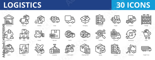 Logistic icon pack collection set with warehouse, shipping, delivery, cargo, packaging, inventory, freight, transport, storage, supply chain, import, export, tracking, procurement, order fulfilment
