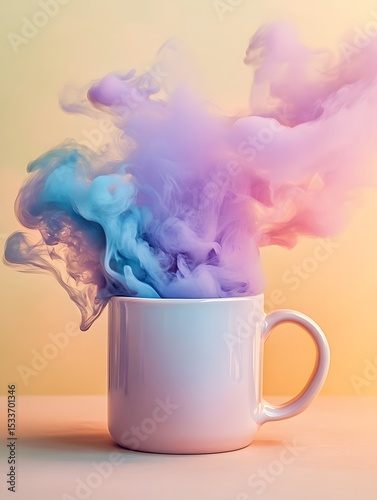 Colorful smoke rising from a mug on a pastel background for surreal dreamlike concept

 photo