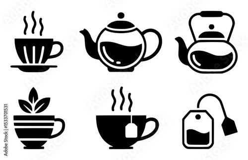 Black and white tea icons featuring teacups and teapots