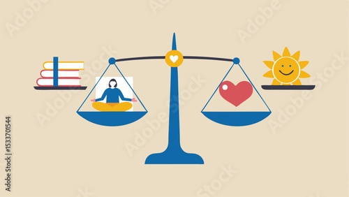 Scales balancing books and a person meditating against a heart and smiling sun illustration