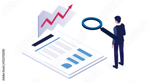 Man analyzing business report with magnifying glass and upward trending graph illustration design concept