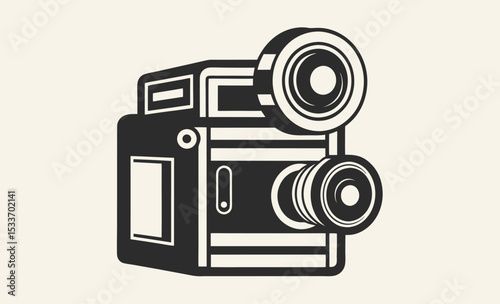 Vintage film camera, movie stand silhouette, retro camera icon