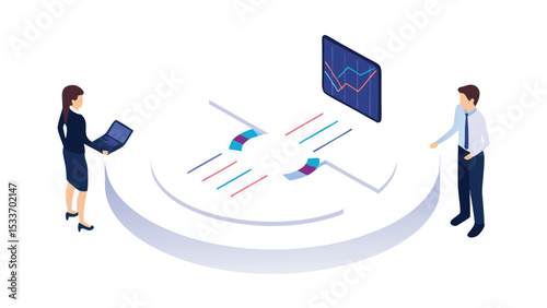 Isometric view of two people analyzing data on a circular platform with a graph display showing trends