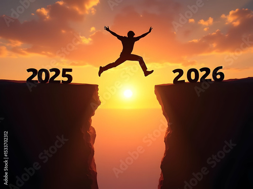 Wallpaper Mural Leaping into 2026: A silhouette figure leaping from 2025 to 2026, against a vibrant sunset, symbolizes embracing the future and overcoming challenges. Torontodigital.ca