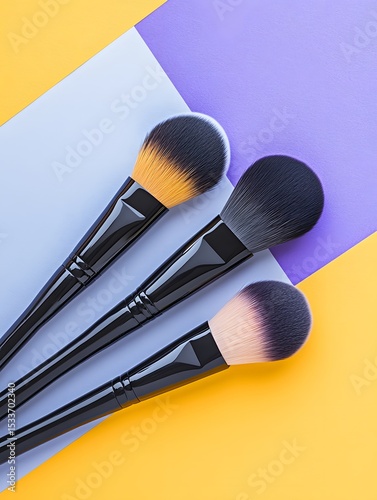 Three makeup brushes on a pastel geometric background with yellow and purple tones photo