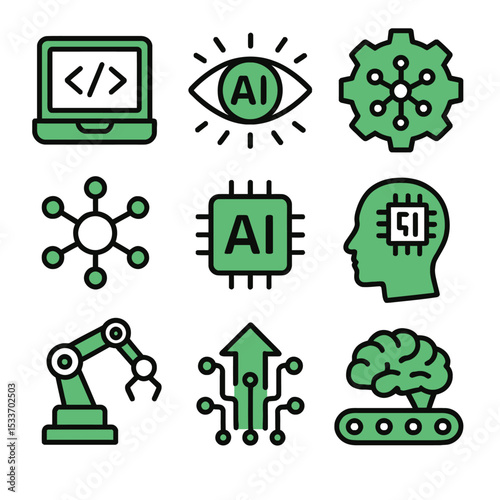 Artificial intelligence / AI icons. AI code, robot, network, chip, machine learning