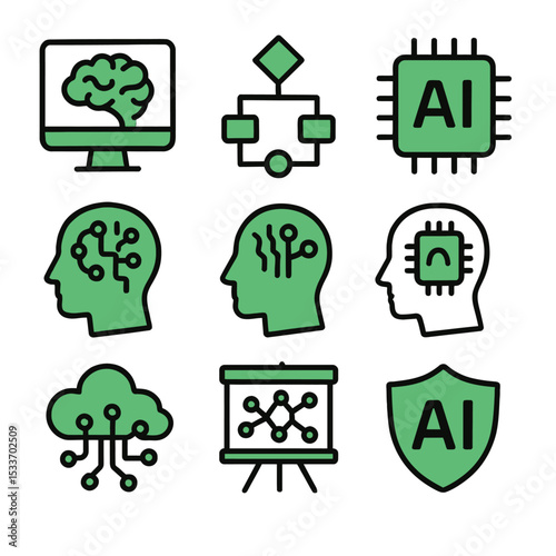 Artificial intelligence / AI icons. AI cloud, robot, network, chip, machine learning