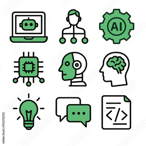 Artificial intelligence / AI icons. AI robot, network, chip, machine learning