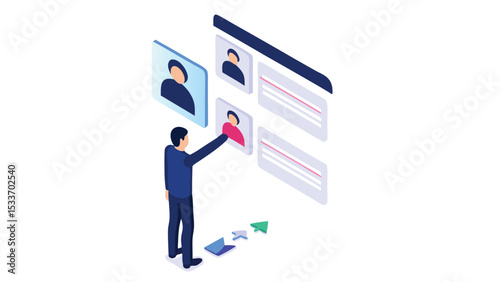 Person interacting with user interface elements on a screen in an isometric illustration style design