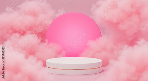 White podium with gold trim surrounded by pink clouds and a pink sphere in the background