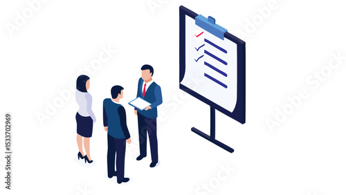 Business meeting with presentation board showing checklist and team discussion in a corporate setting