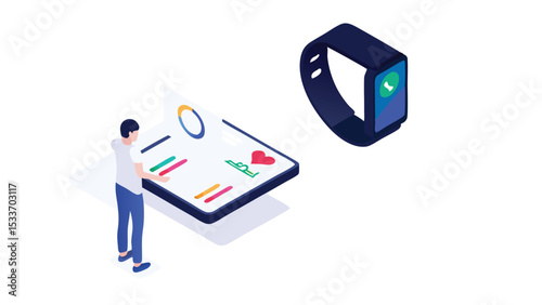 Man interacting with a large tablet with charts and a smartwatch with a notification icon nearby
