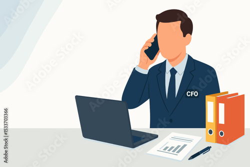 CFO character on phone call discussing financial reports flat vector illustration with business tools