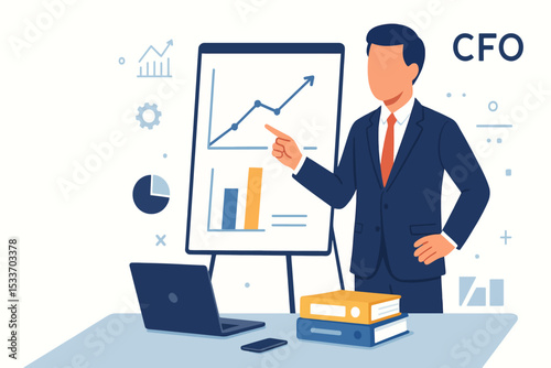 Flat vector CFO character pointing at chart during business meeting presentation with office elements