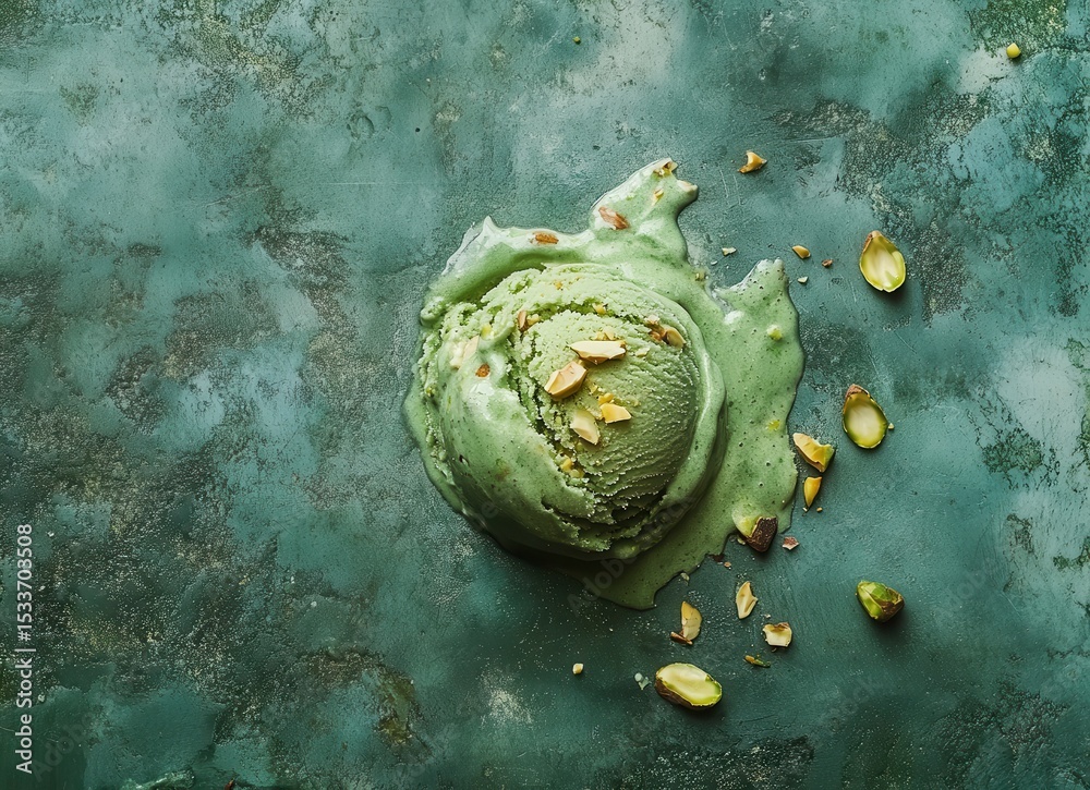 Obraz premium pistachio ice cream scoop on light green background, top view with copy space