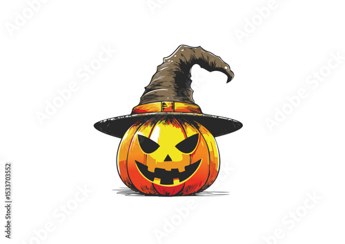 Carved pumpkin in a witch hat for Halloween
