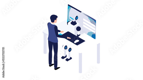 Person interacting with a robot on a computer screen at a desk with robot companions present