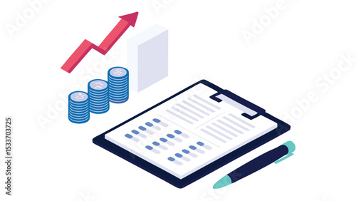 Isometric financial analysis scene with upward arrow, coins, report and pen on white background