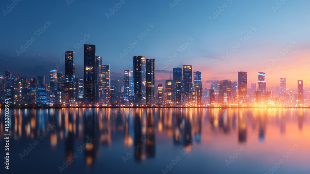 Fototapeta premium 3D Rendering of city scape. Large tall buildings and glowing signs reflection on river. View from dock port. For business product advertising technology transport background. 16547817 1