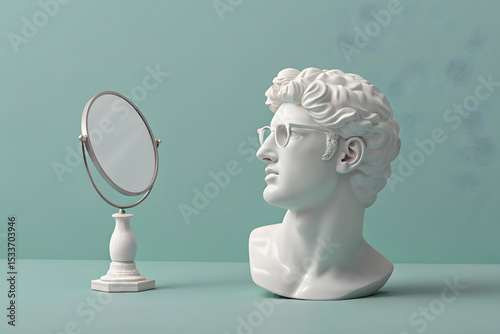 Classical marble bust with glasses gazing into mirror on pastel background, surreal concept of vanity and identity