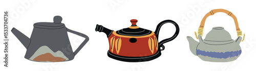 Handmade ceramic teapots in traditional Japanese Asian style. Minimalist vintage tea kettles, Vector illustration isolated on transparent background. Perfect for kitchen, tea culture, and decor design