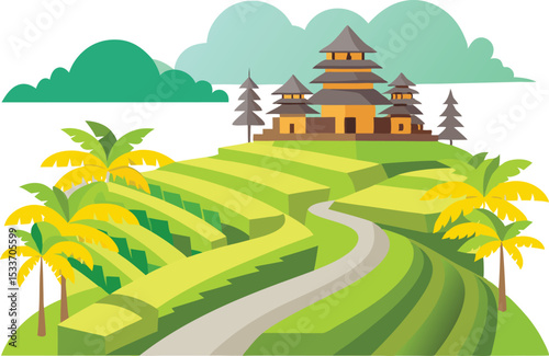 Lush Green Rice Terraces in Bali, Indonesia with Tropical Scenery