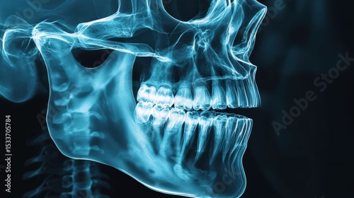 X-ray side view of human skull highlighting dental and jaw structure