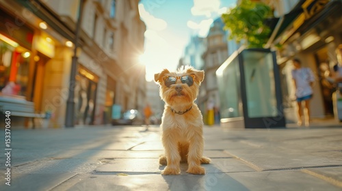 Cute brown domestic puppy sitting on a city street photo
