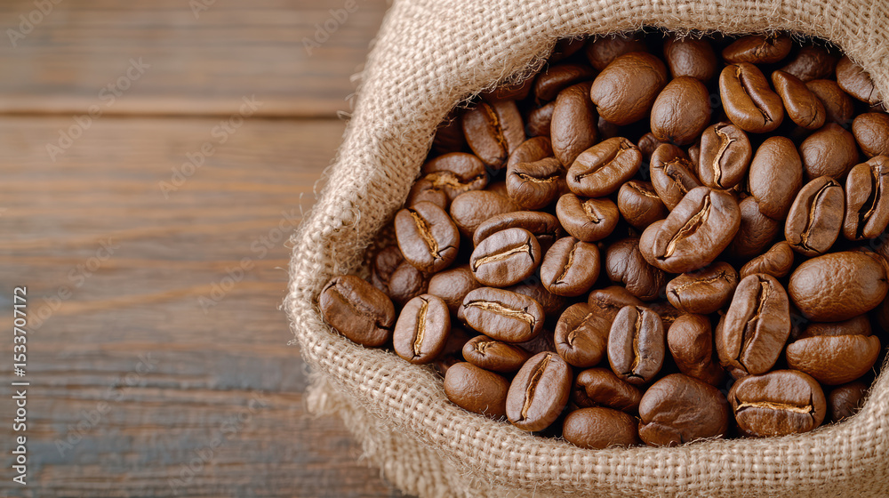 Fototapeta premium Fresh coffee beans spilling from rustic sack, creating warm and inviting atmosphere