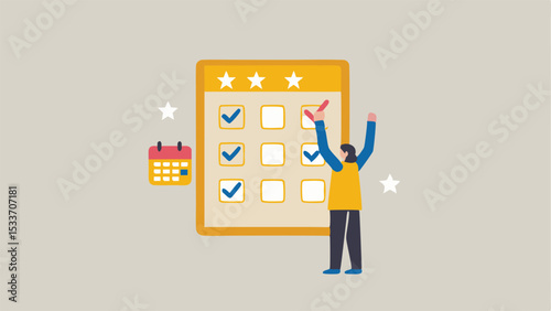 Person marking a large calendar with checkmarks and stars signifying completed tasks and achievements