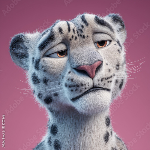 A Snow Leopard with a square-shaped head,small eyes,tired eyes, dull gaze, thick fur on the skin