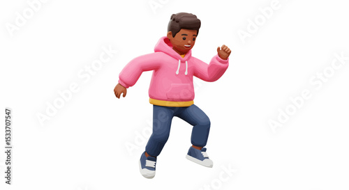 A 3D render of a young man joyfully leaping.