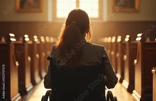 Back view lawyer in wheelchair. Female in courtroom with disability advocacy. Accessibility focus in law system. Person in chair at justice court hearing. Support inclusion advocacy concept.