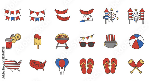 Flat July 4th Icon Set with Colorful Summer Celebration Items
