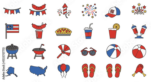 Flat July 4th Icon Set with Colorful Summer Celebration Items