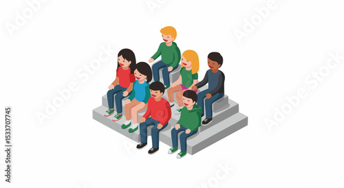 Group of people sitting together on the stairs 