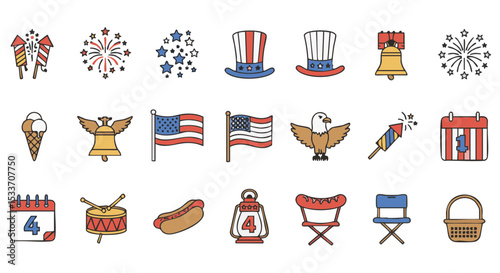 Outline Icon Set for U.S. Independence Day Symbols on White