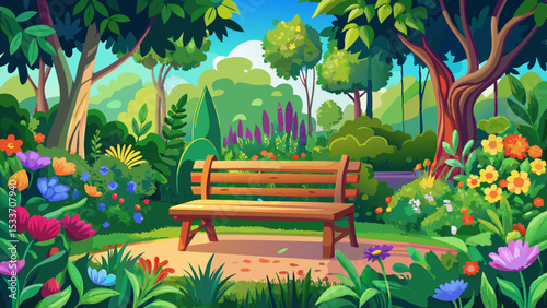 Wooden bench in a lush garden setting. A peaceful retreat surrounded by vibrant flowers and greenery Very beautiful