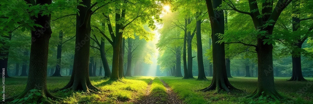 Fototapeta premium A dense cluster of trees forms a small, secluded forest grove, sunlight dappling the leaves Perfect for nature, woodland, and environmental themes , greenery, dappled light, autumn