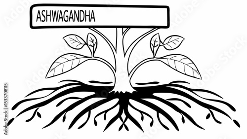Illustration of ashwagandha plant with leaves, roots, and label in black and white outline style created with generated ai