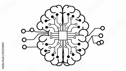Artificial intelligence brain with circuit board connections in black and white design created with generated ai