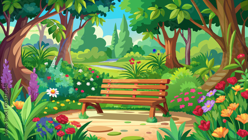 Wooden bench in a lush garden setting. A peaceful retreat surrounded by vibrant flowers and greenery Very beautiful