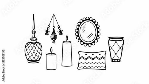 Hand drawn illustration of interior decor elements including candles and a mirror and vase and pillow created with generated ai
