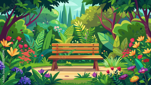 Wooden bench in a lush garden setting. A peaceful retreat surrounded by vibrant flowers and greenery Very beautiful